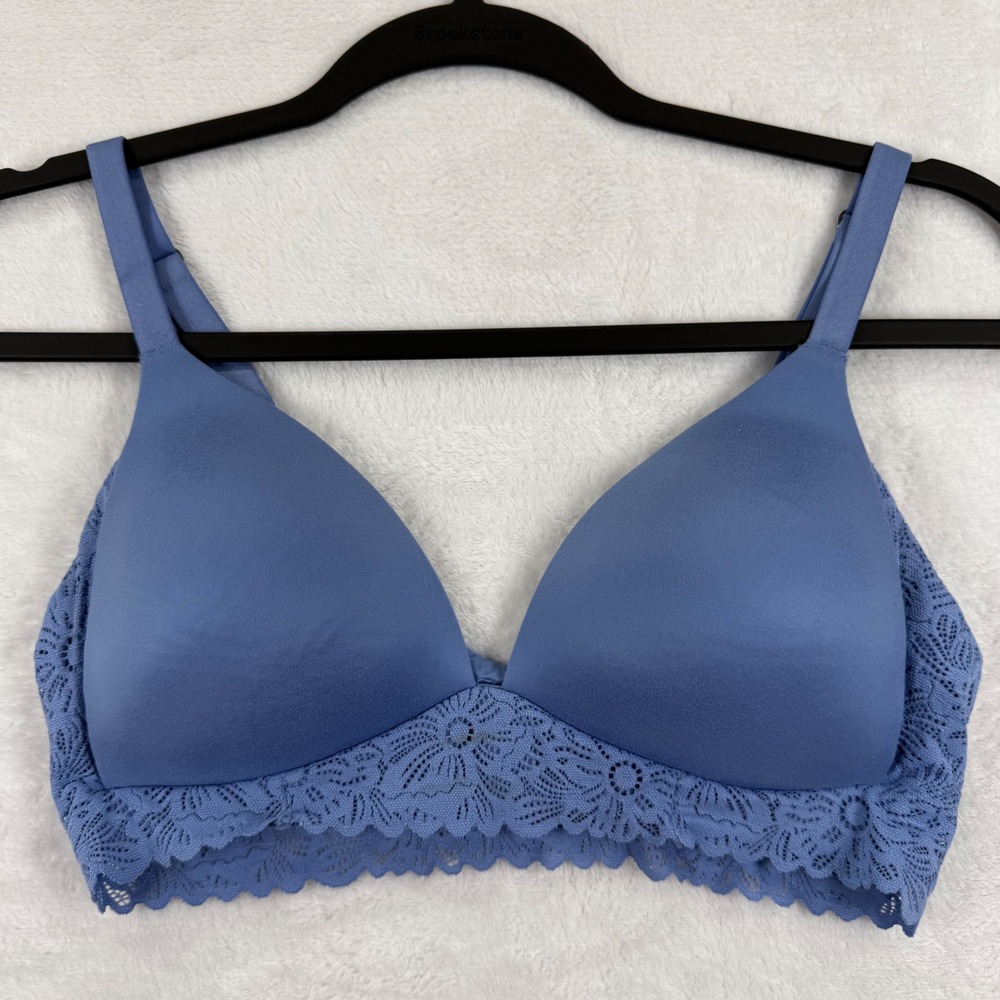 Aerie Real Sunnie Wireless Bra 32C Blue Lace Trim Lightly Lined Adjustable Strap